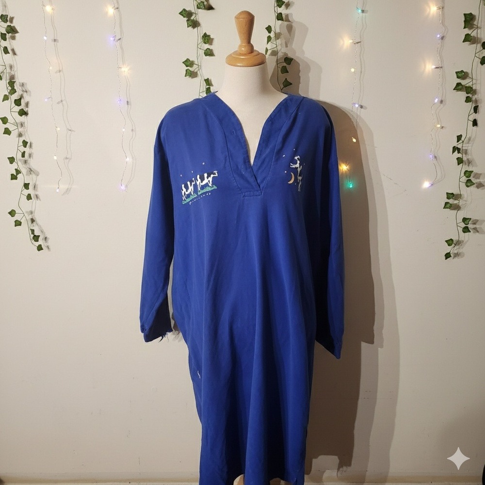 Marci Lipman 80s Blue Long Sleeve‎ Nightgown Moo Cow Moon Stars Embroidered XL